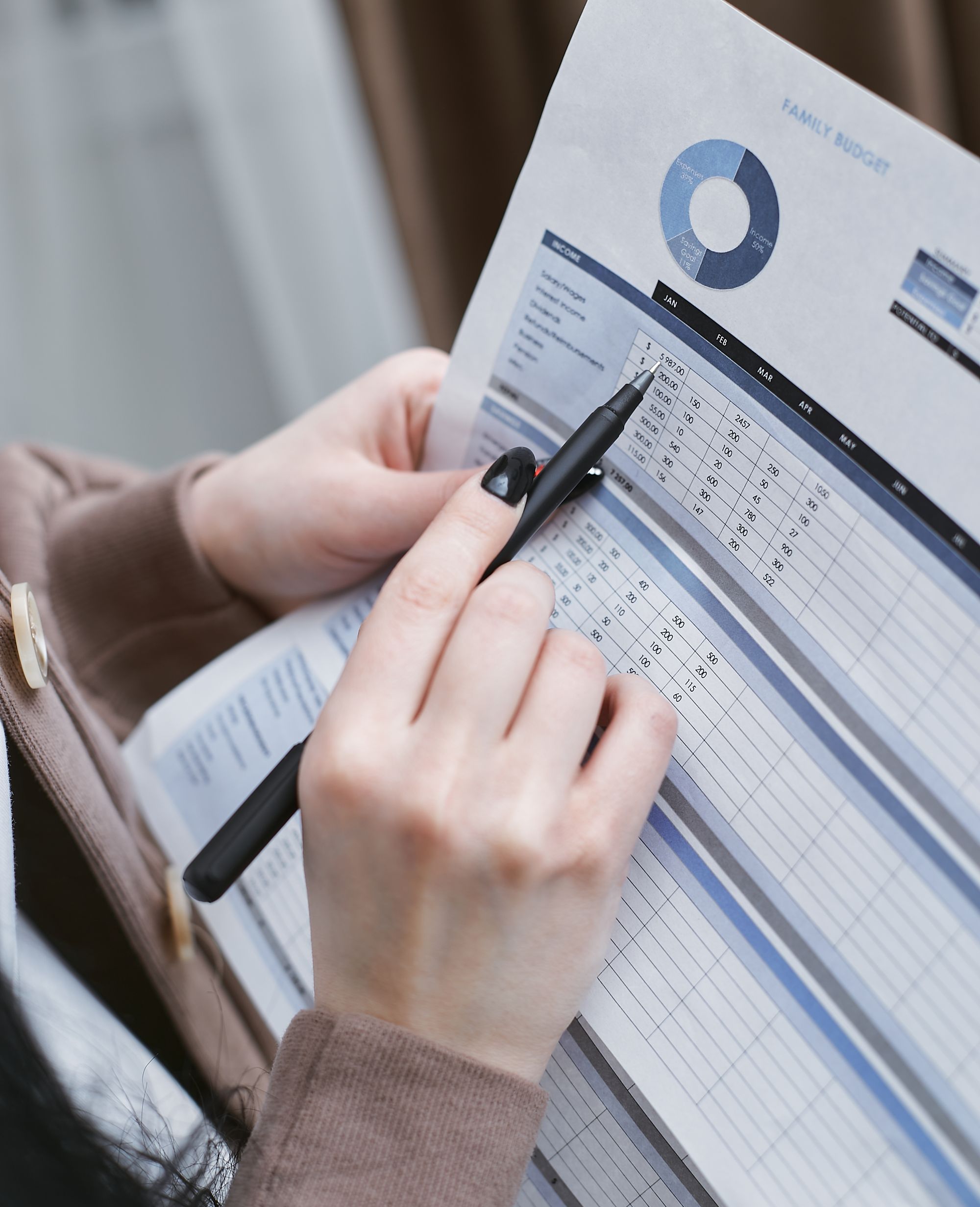 Manos revisando un presupuesto con gráficos y un bolígrafo